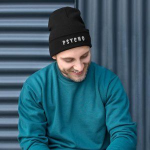 Psycho Embroidered Knit Beanie in Black